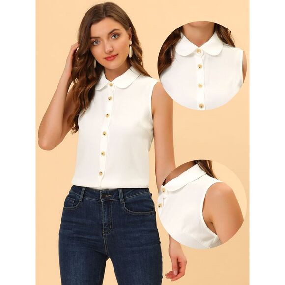 Tops Women's Sleeveless Peter Pan Collar Chambray Shirt White - Picture 2 of 5